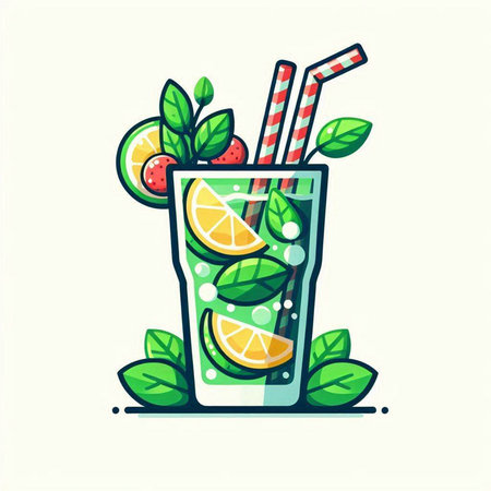 Cocktail with lime, mint and straw. Vector illustration.のイラスト素材