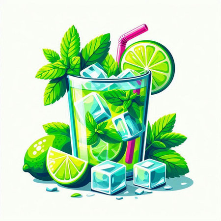 Mojito cocktail with ice cubes and mint leaves. Vector illustration.のイラスト素材