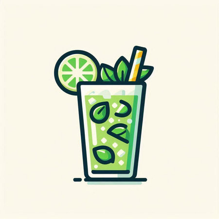 Cocktail with lime, mint and straw. Vector illustration.のイラスト素材