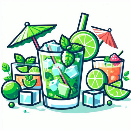 Cocktail with lime, ice and mint. Vector illustration.のイラスト素材