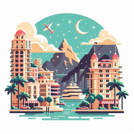 Cityscape with buildings, skyscrapers and palm trees. Vector illustration.のイラスト素材