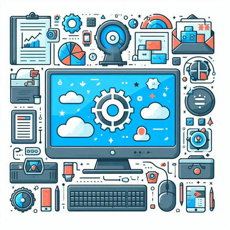 Vector illustration of cloud computing concept in thin line style on white backgroundのイラスト素材