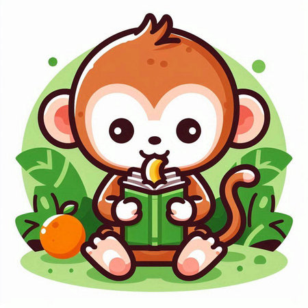 Cute monkey holding a book and sitting on the grass. Vector illustration.のイラスト素材