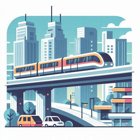 Modern city landscape with high-rise buildings and trains. Vector illustration.のイラスト素材
