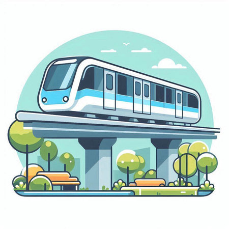 Train on the bridge. Vector illustration in flat design style. City transport.のイラスト素材