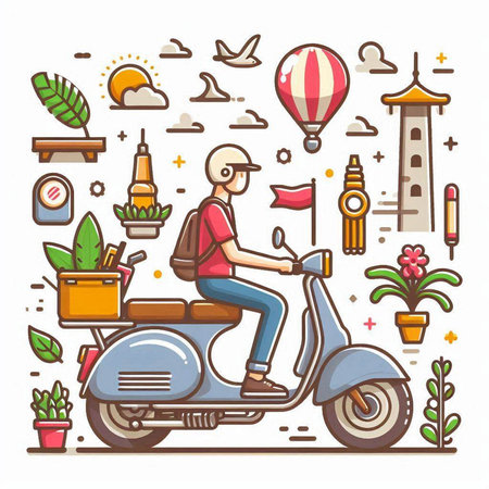 Vector illustration of scooter and travel around the world. Flat style design.のイラスト素材