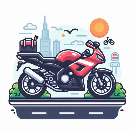 Colorful vector illustration of a motorcycle on the road in the cityのイラスト素材