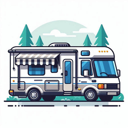 Camping trailer. Vector illustration on a white background. Flat style.のイラスト素材