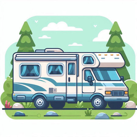 Caravan camping on the nature. Vector illustration in flat style.のイラスト素材