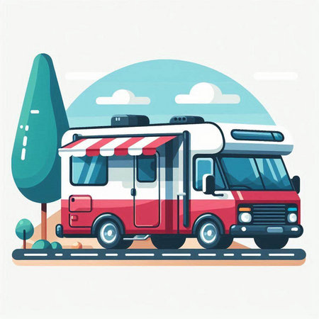 Camping trailer on the road. Vector illustration in flat style.のイラスト素材