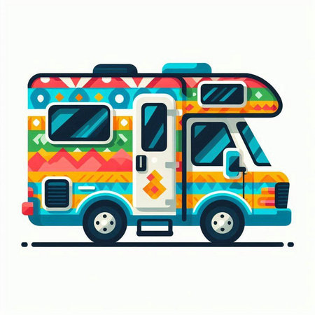 Camper van with colorful pattern isolated on white background. Vector illustration.のイラスト素材