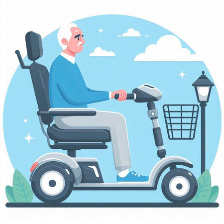 Elderly man in a wheelchair with a cart. Vector flat illustration.のイラスト素材