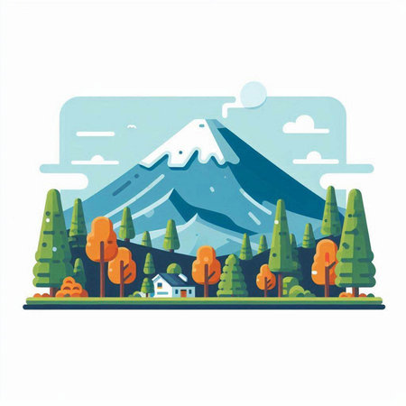 Mountain landscape with forest and house. Flat design vector illustration.のイラスト素材