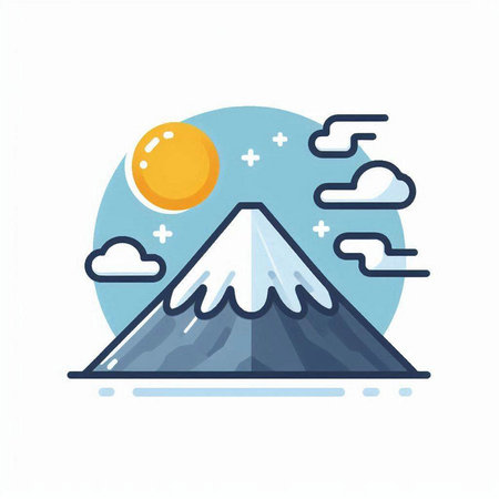 Mountain icon in flat style. Vector illustration of a mountain with sun and clouds.のイラスト素材