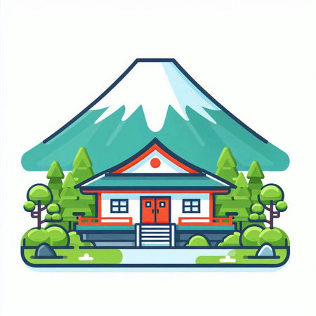 Mt. Fuji. Japanese house in the forest. Vector illustrationのイラスト素材