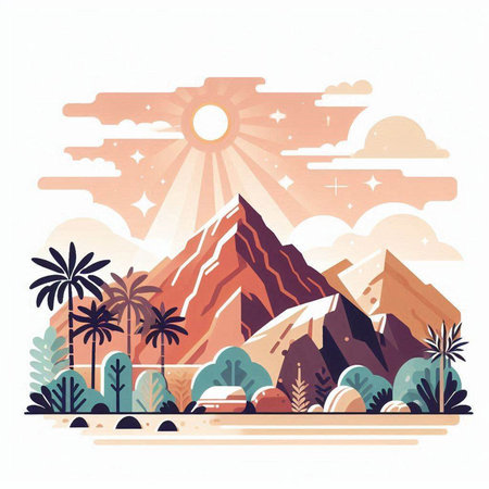 Landscape with mountains, palms and sun. Vector illustration in flat styleのイラスト素材