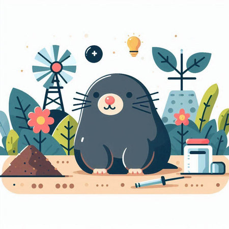 Vector illustration of cute cartoon mole sitting on the ground in the gardenのイラスト素材