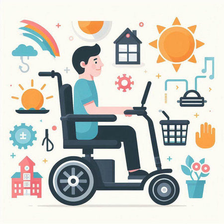 Disabled man in wheelchair. Vector illustration in flat design style.のイラスト素材