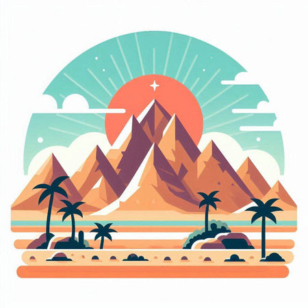 Mountains, palm trees and sun. Vector illustration in flat styleのイラスト素材