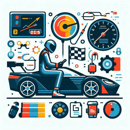 Vector illustration in flat linear style - racing car, driver, gear, speedometer.のイラスト素材
