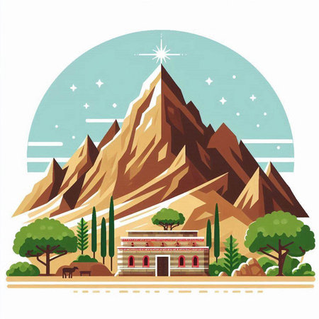 Mountains, temples and trees in the flat style. Vector illustration.のイラスト素材
