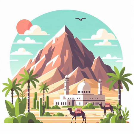 Egypt landscape with mountains, palm trees and camel. Vector illustration.のイラスト素材