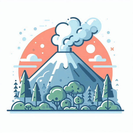 Vector illustration of volcano eruption and forest. Flat line art style design.のイラスト素材