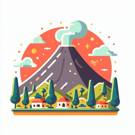 Vector illustration of volcano eruption in flat style. Landscape with active volcano and village.のイラスト素材