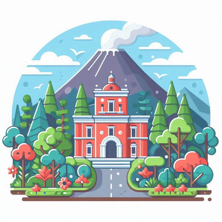 Illustration of a building in the middle of the forest with mountains in the backgroundのイラスト素材