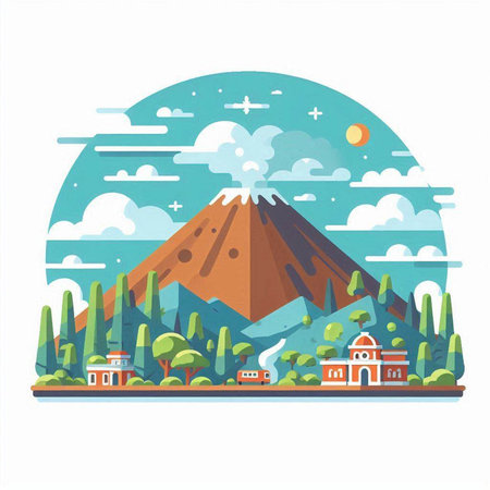 Vector illustration of volcano in the flat style. Landscape with mountains, trees and houses.のイラスト素材