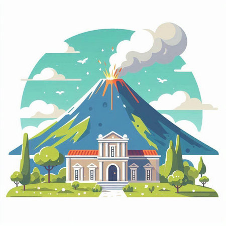 Volcano eruption with a house on the hill. Vector illustration.のイラスト素材