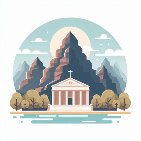 Mountain landscape with a church. Vector illustration in flat style.のイラスト素材