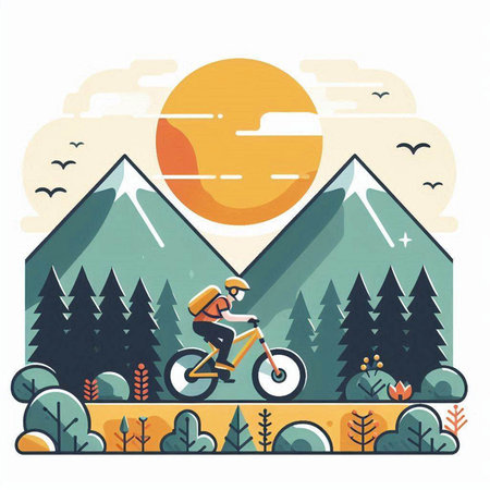Vector illustration of a cyclist riding a bike in the mountains. Flat style.のイラスト素材