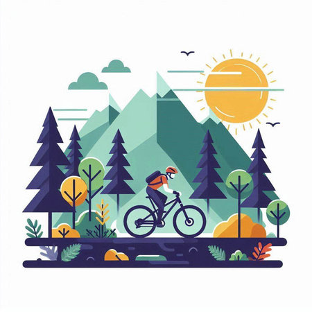 Cyclist riding bicycle in the forest. Flat design vector illustration.のイラスト素材