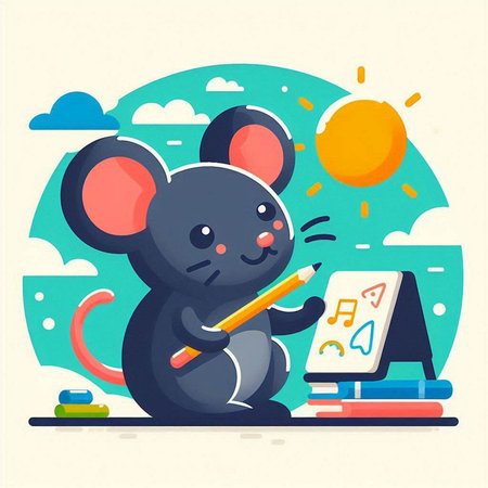 Cute cartoon mouse with a pencil. Vector illustration in flat style.のイラスト素材