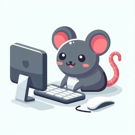 Mouse with computer on white background. Cute cartoon mouse. Vector illustration.のイラスト素材