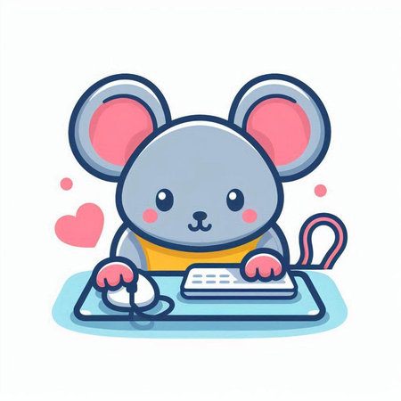 Cute mouse with a computer. Vector illustration in cartoon style.のイラスト素材