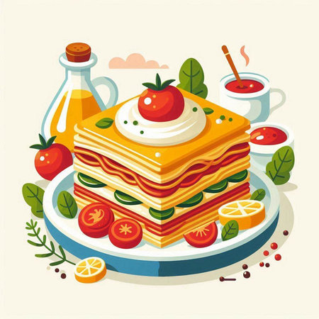 Illustration of lasagna with tomato, cheese and basil on a plateのイラスト素材