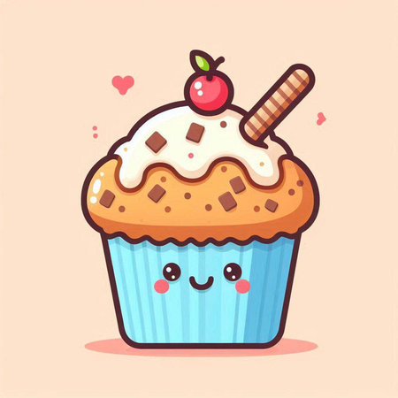 Cute muffin with whipped cream and cherry. Vector illustration.のイラスト素材