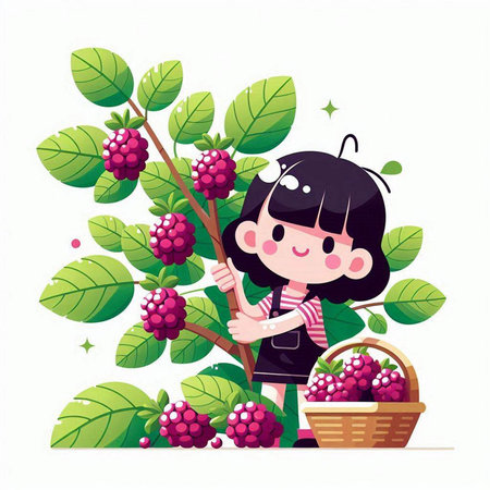 Cute little girl with a basket of ripe blackberries. Vector illustration.のイラスト素材