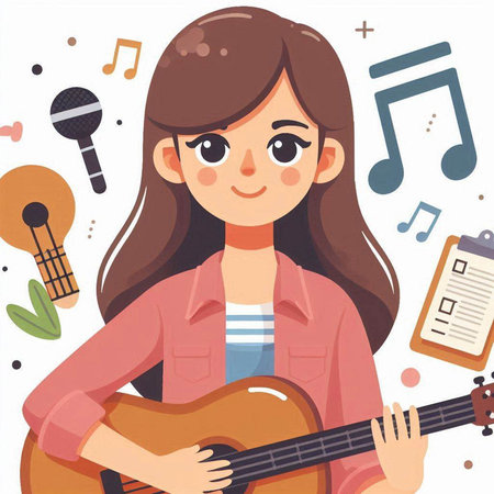 Girl with guitar and musical notes. Vector illustration in cartoon style.のイラスト素材