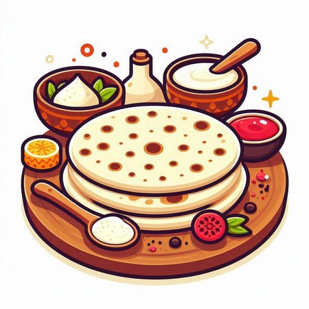 Illustration of a stack of pancakes with sour cream and spices.のイラスト素材