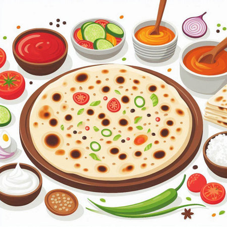 Illustration of a pizza with different sauces and ingredients on a white backgroundのイラスト素材