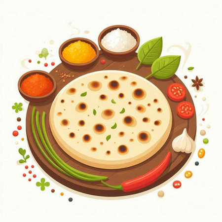 Flat design vector illustration of traditional indian flat bread with spices.のイラスト素材