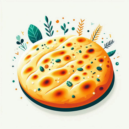 Illustration of a round pizza with cheese and herbs on a white backgroundのイラスト素材