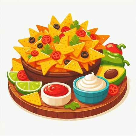 Mexican nachos with salsa and guacamole. Vector illustrationのイラスト素材