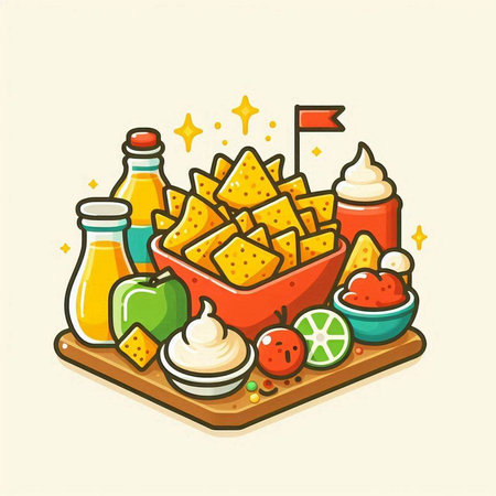 Mexican food. Nachos, salsa, guacamole, guacamole. Vector illustrationのイラスト素材