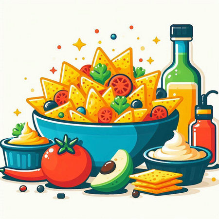 Nachos in bowl with sauce and ingredients. Vector illustration.のイラスト素材