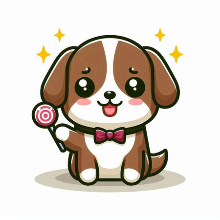 Cute cartoon dog holding lollipop. Vector illustration isolated on white background.のイラスト素材
