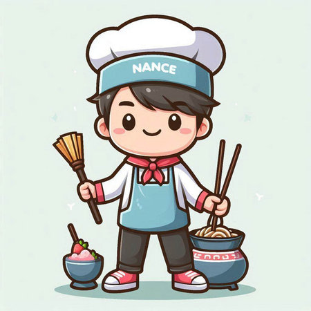 Cartoon chef boy holding chopsticks and rice bowl. Vector illustration.のイラスト素材